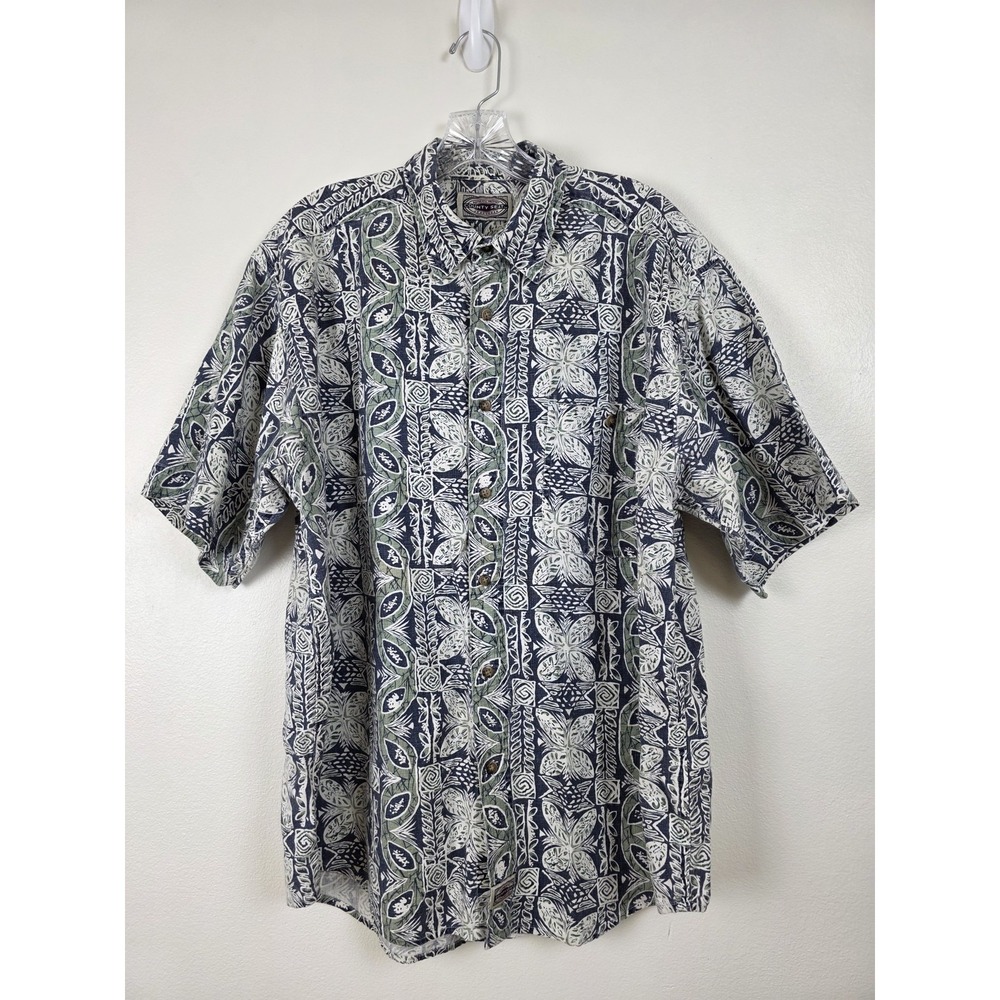 Vintage County Seat Shirt Mens Large Blue Green White Linen Cotton Hawaiian 90s